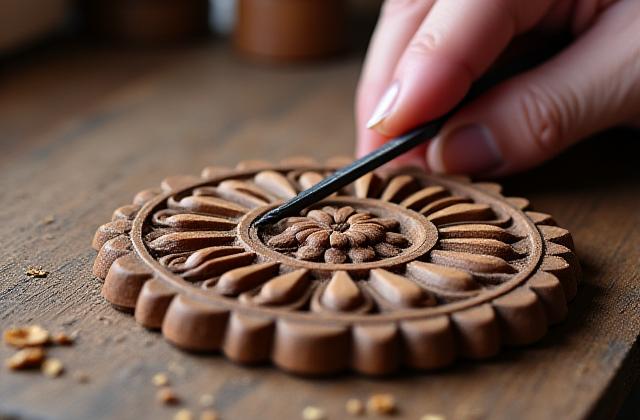 A skilled hand carving a detailed wooden rosette to precisely match an existing antique ornament.
