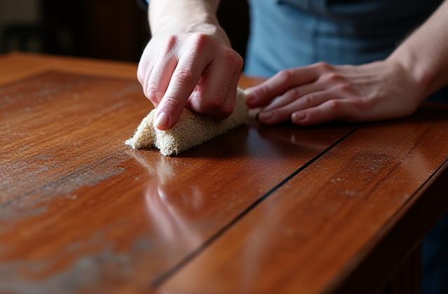 A French polishing technique being applied to an antique wooden surface, creating a deep, lustrous shine.