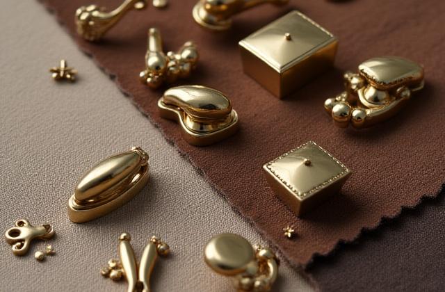 Assortment of polished antique brass hardware laid out next to vintage upholstery fabric samples.