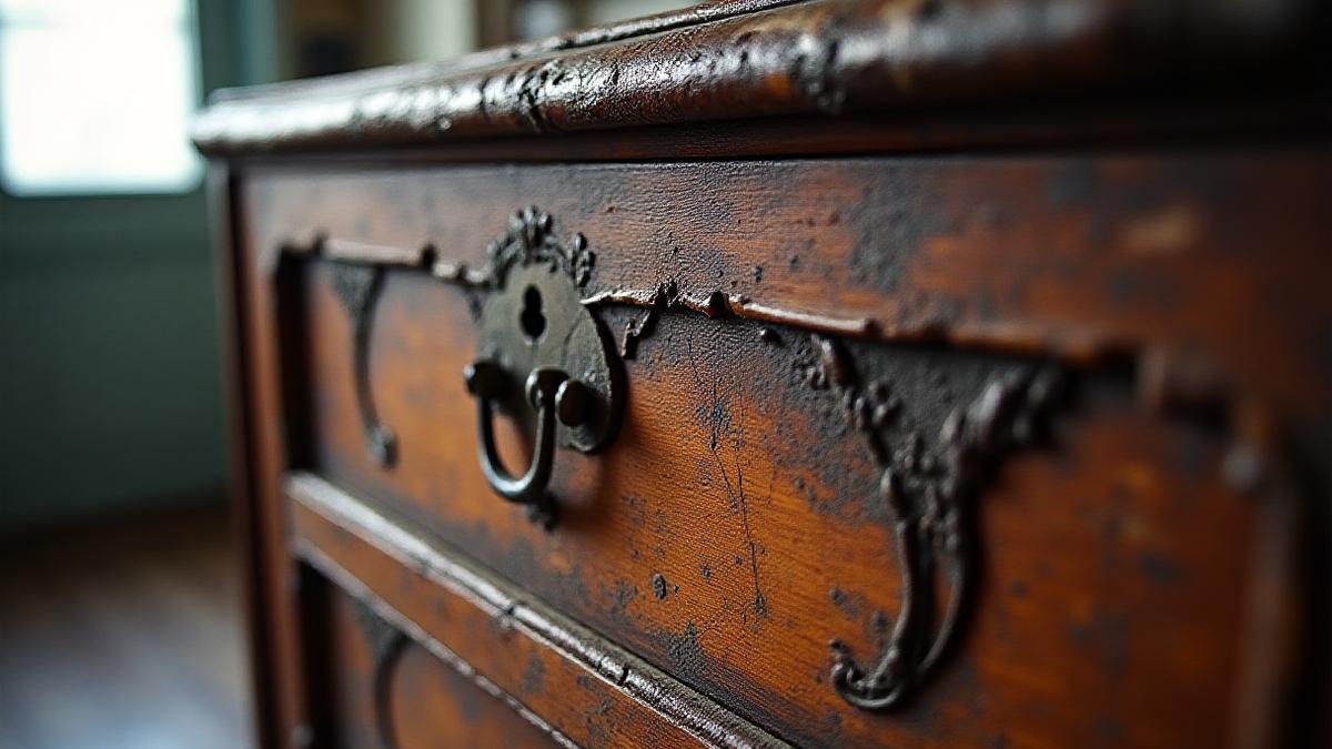 Before: A heavily scratched and faded antique wooden chest.