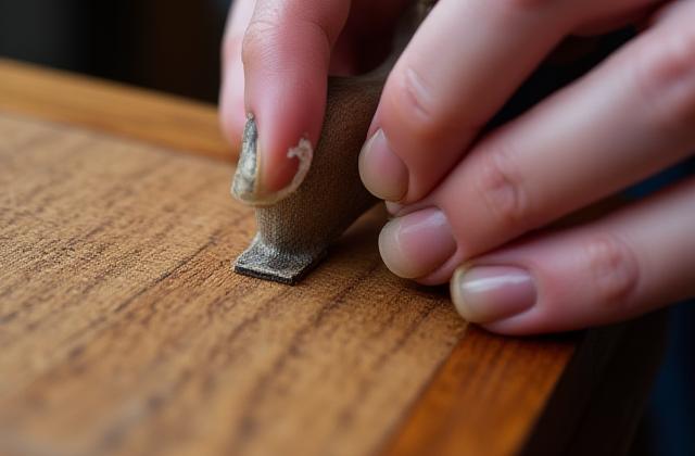 A skilled artisan carefully repairing a chipped veneer on an antique table, using period-matched wood.