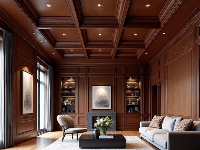Grand living room with an impressive coffered ceiling