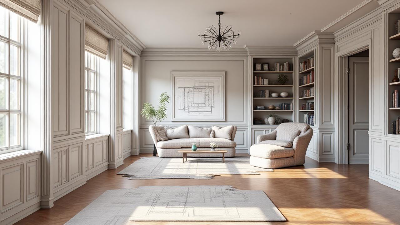 Sophisticated living room with intricate wainscoting and crown molding, overlaid with a subtle architectural drawing blueprint showing the millwork details.