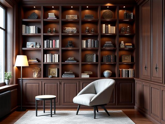 Built-in library shelves with warm wood tones