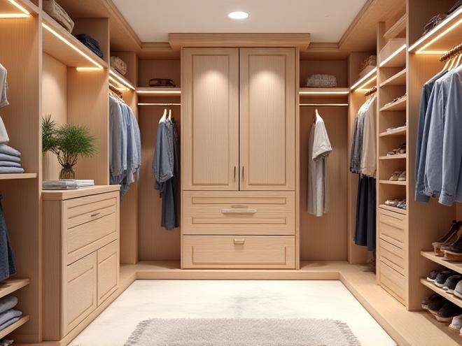 Spacious walk-in closet with custom shelving and drawers
