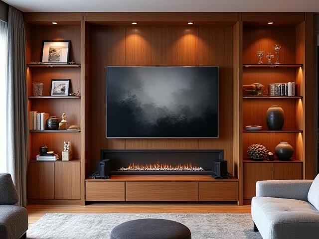 Integrated living room media center with wooden cabinets