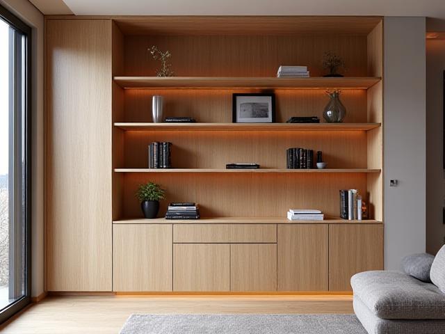 Tall bespoke oak bookshelf with varying compartment sizes, designed to fit a specific alcove.