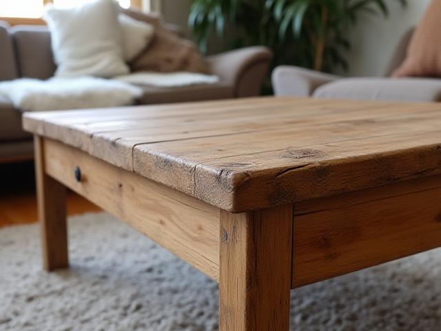 Rustic pine coffee table with distressed finish and sturdy, hand-turned legs.