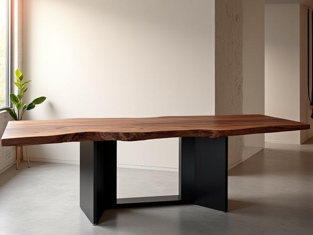 Live-edge walnut dining table with modern steel base, set in a contemporary dining room.