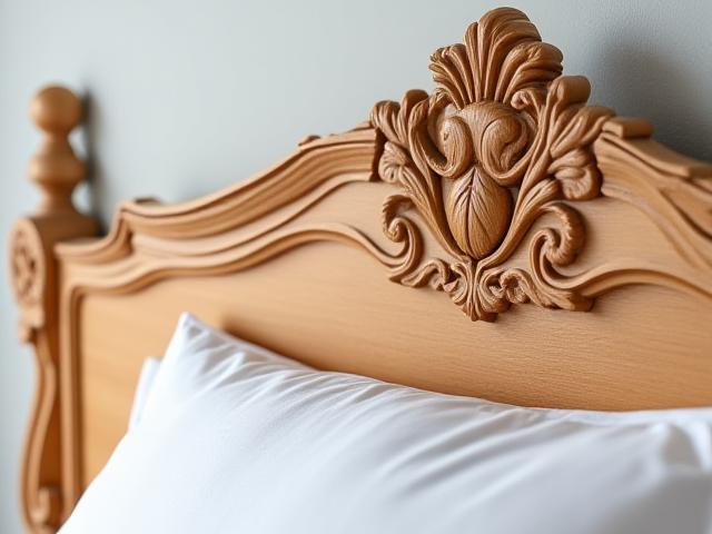 Intricately carved maple headboard with floral motifs, adding a touch of traditional elegance to a bedroom.