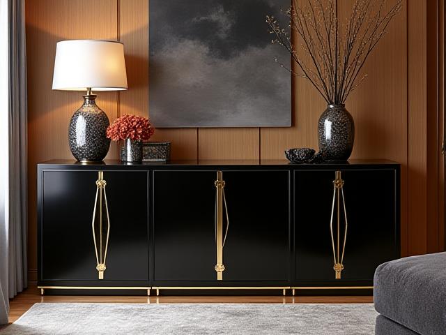 Art Deco inspired sideboard in dark wood with geometric inlays and brass handles.