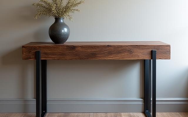 Console table made from a salvaged industrial timber beam with steel legs.