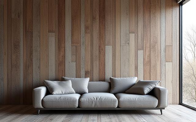 Architectural feature wall paneling made from various distressed reclaimed wood types.