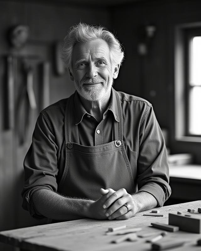 Black and white portrait of Jean-Luc Moreau, founder of Fleur-de-lis Form, in his woodworking workshop, looking contemplative and skilled.