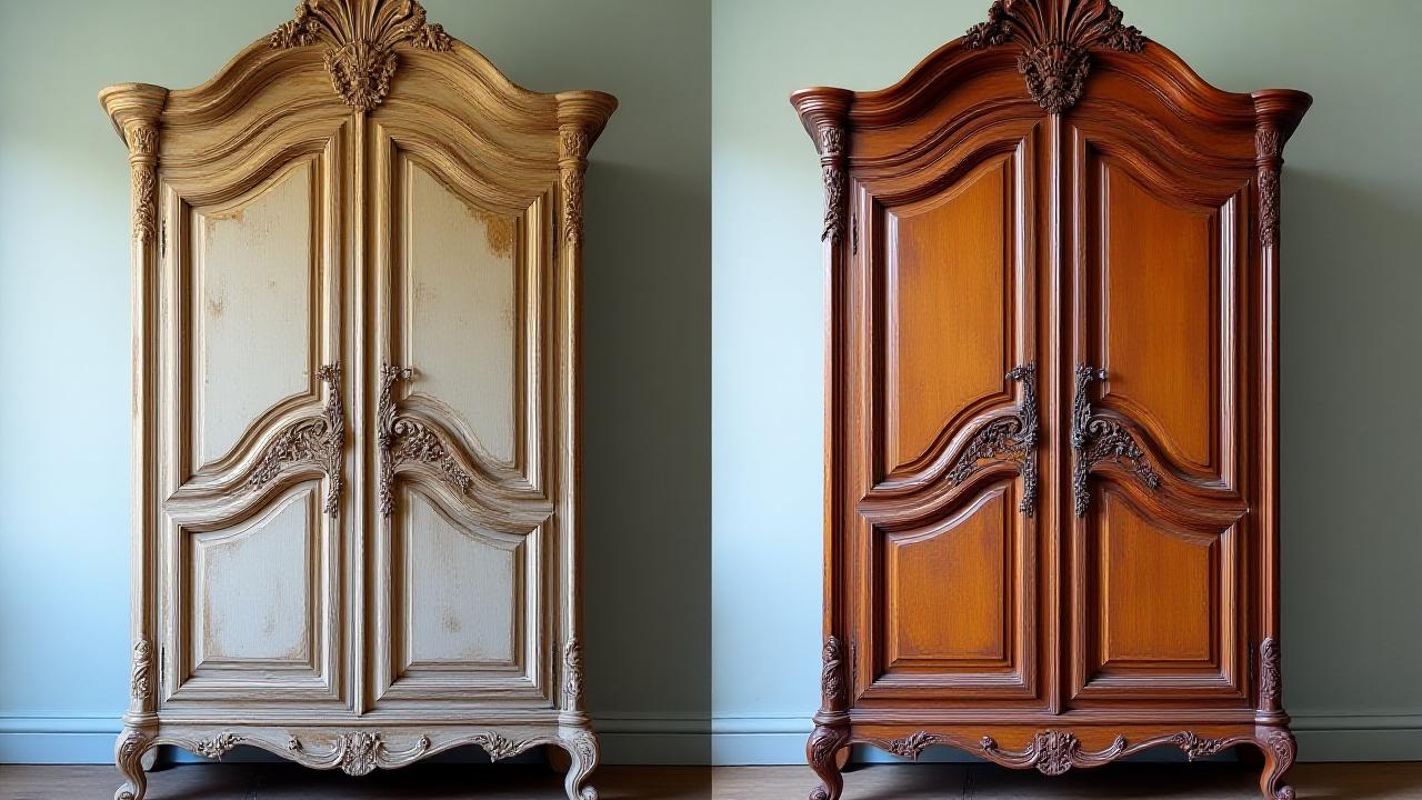 Before and after of an intricately carved 18th century armoire restoration