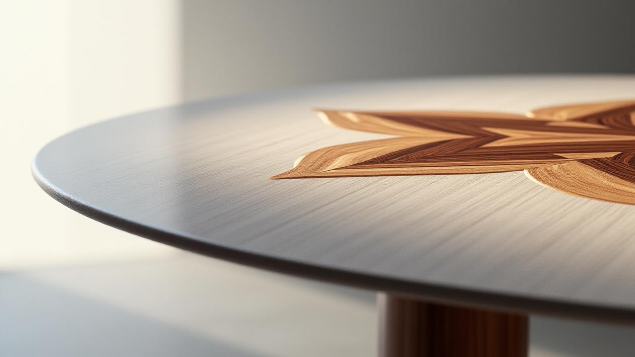 Modern dining table with complex marquetry inlay details on its surface