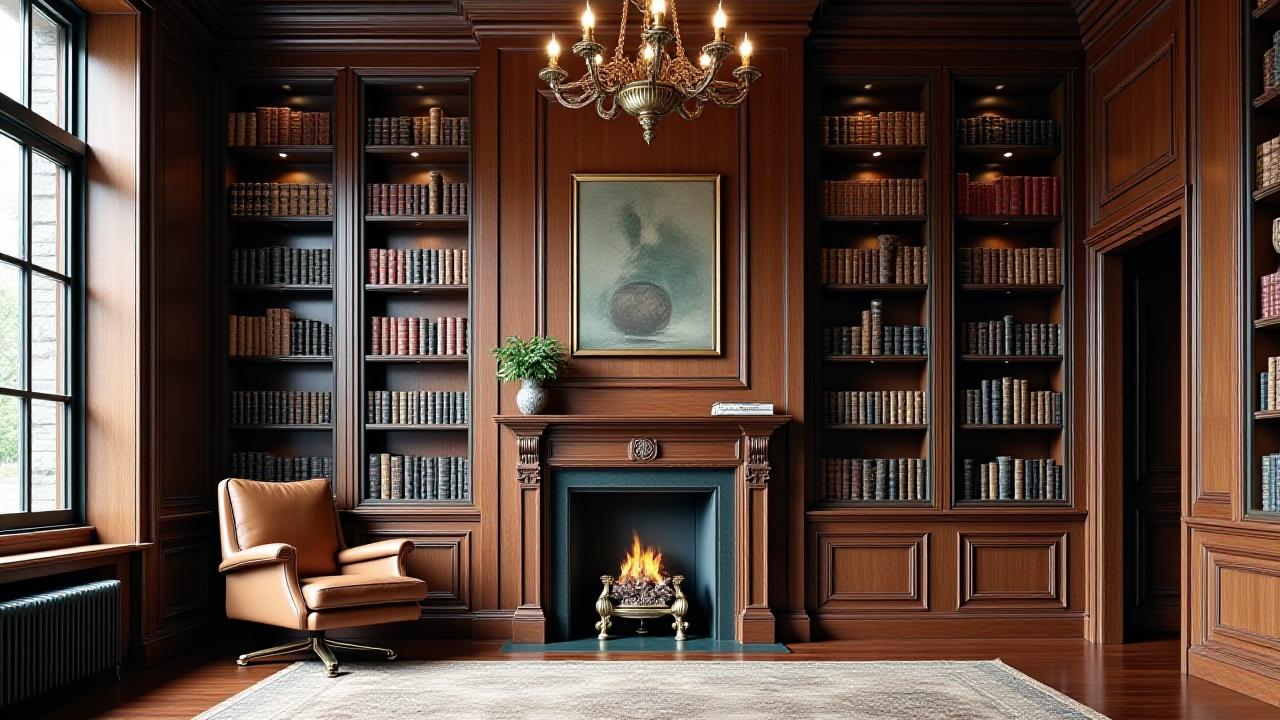 Luxurious residential library with custom dark wood cabinetry and intricate detailing