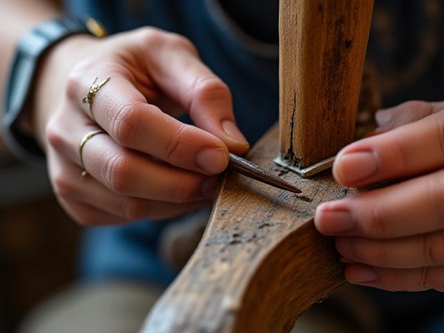 Expert restoring delicate antique wooden chair with hand tools