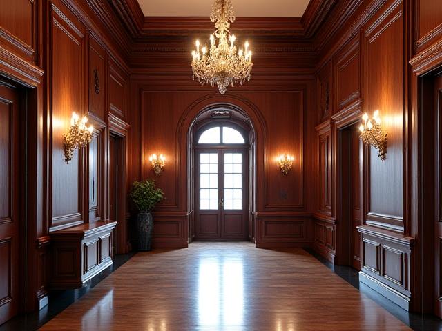 Elaborate wooden wall paneling and custom molding in a classic interior