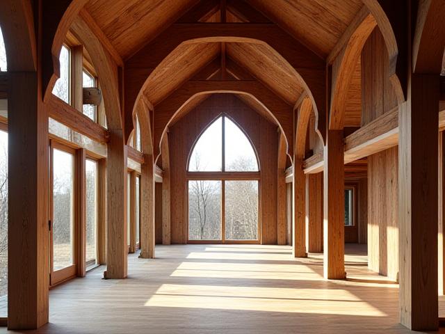 Grand timber frame structure interior with exposed wooden beams