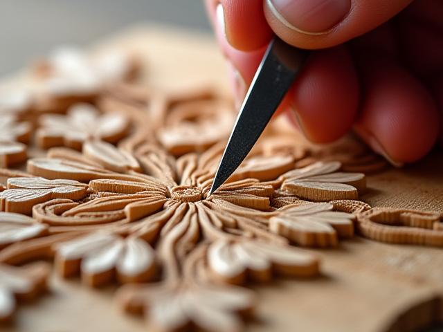 Close-up of a woodcarver's hands shaping intricate floral design