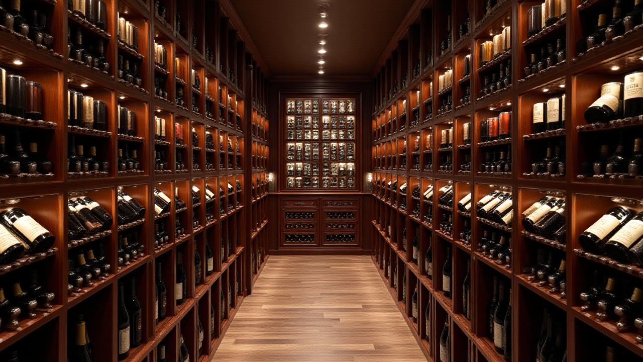 Breathtaking, fully-stocked custom wine cellar with elegant wood racks, soft lighting, and rows of vintage bottles