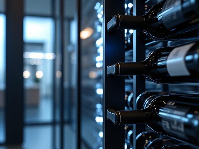 Modern custom wine cellar with sleek metal racking, glass walls, and subtle LED strip lighting