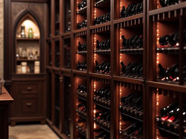 Traditional custom wine cellar with dark mahogany wood, arched doorways, and stone accents