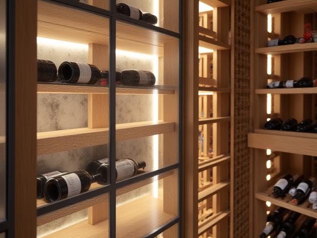 Transitional custom wine cellar blending classic wooden wine racks with modern display elements and subtle accent lighting