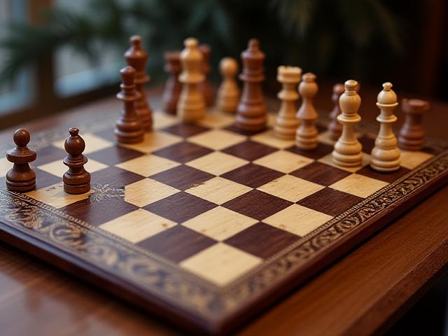 Custom chess board crafted with intricate marquetry techniques.