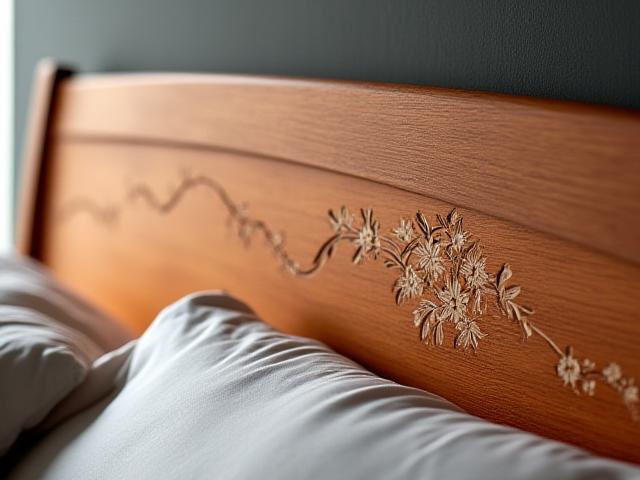 Detail shot of a headboard with delicate floral wood inlay.