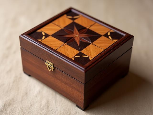Exquisite jewelry box with a complex geometric marquetry pattern on the lid.