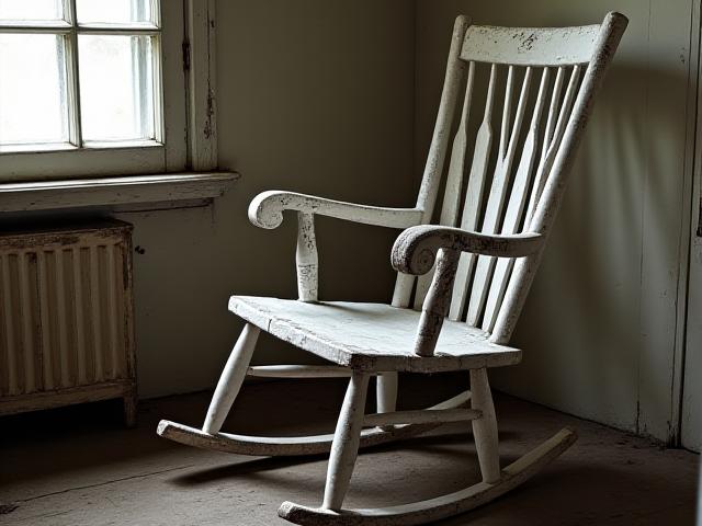 Before: A worn, unstable wooden rocking chair with chipped paint and loose joints.