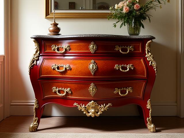 After: A vibrant Louis XV commode with restored, gleaming veneer and polished ormolu.