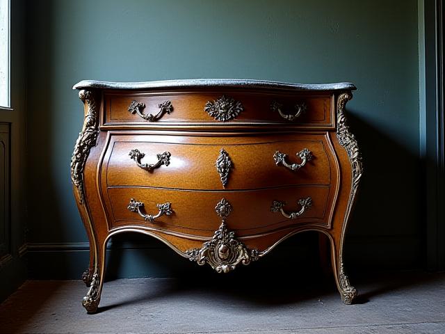 Before: A faded and damaged Louis XV commode with dull veneer.