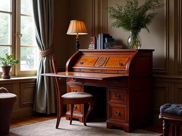 After: A fully restored antique secretary desk, expertly repaired and refinished to erase fire damage.