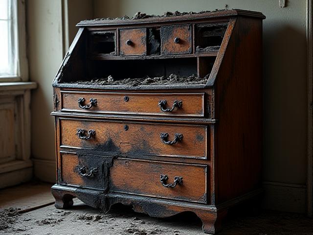 Before: A charred and damaged wooden secretary desk with visible fire and water damage.