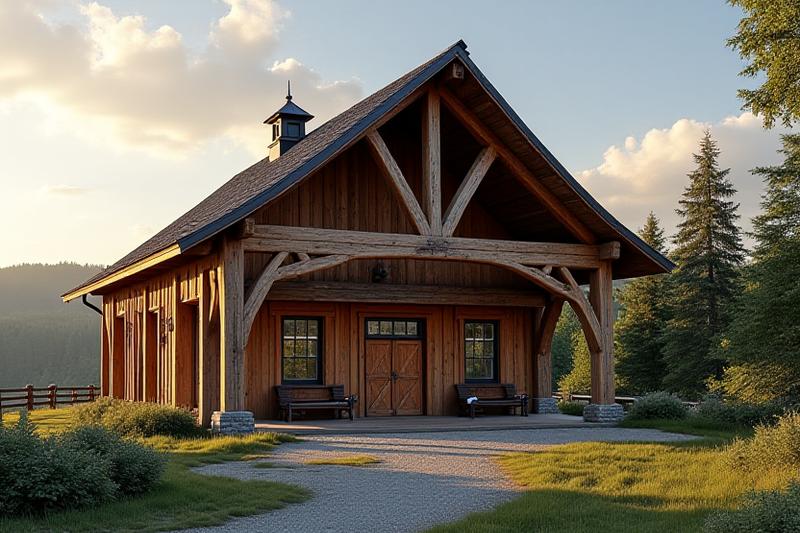 Rustic yet elegant timber frame barn or workshop exterior made from large wood beams