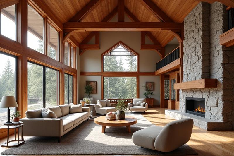 Interior of a modern timber frame custom home with vaulted ceilings and exposed wood beams