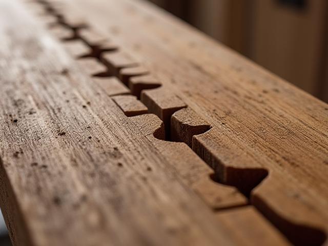 Close-up photo of a hand-cut dovetail joint on a large timber beam