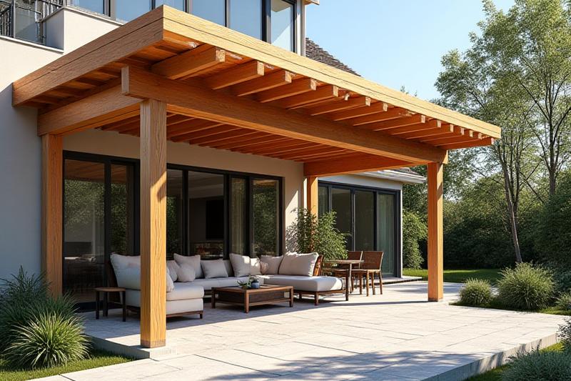 Elegant timber frame pergola over a residential patio, providing shade and architectural interest