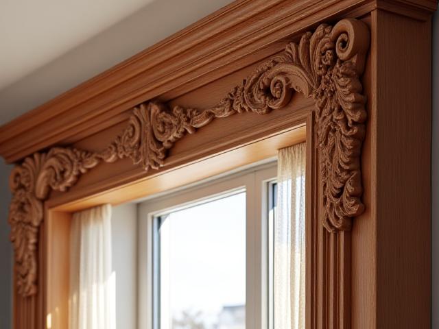 Intricately carved crown molding depicting acanthus leaves and classic motifs.