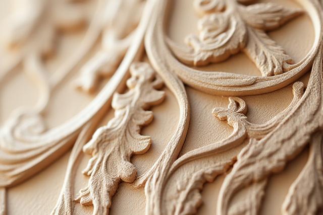 Flowing, organic Art Nouveau style wood carving featuring stylized floral and vine motifs.