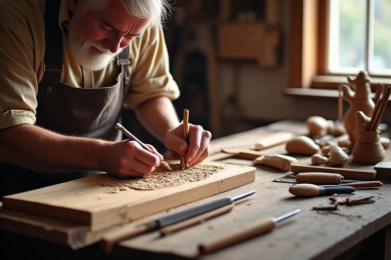 A master carver intently working on a detailed wood carving at a traditional workbench, surrounded by chisels and gouges.