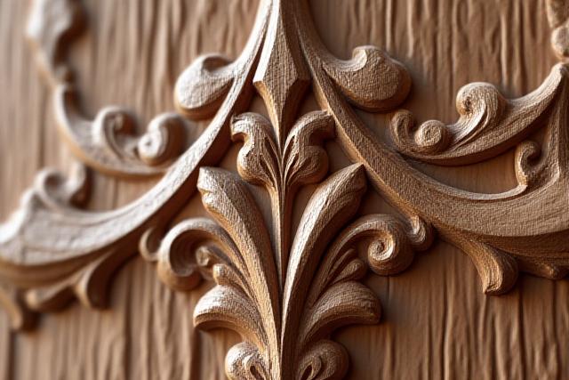 Close-up of a meticulously carved classical acanthus leaf design in wood.