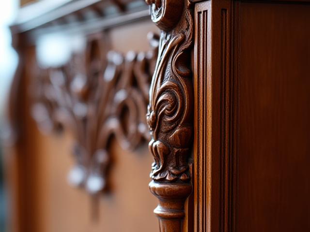Ornately carved bedpost with rich floral patterns and spiral fluting.