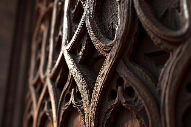 Detailed carved gothic tracery pattern with quatrefoil motifs in dark wood.