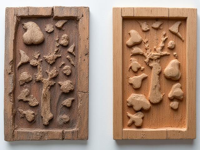 Side-by-side comparison: a degraded historic carved detail and its faithfully restored replica, showing precise matching.