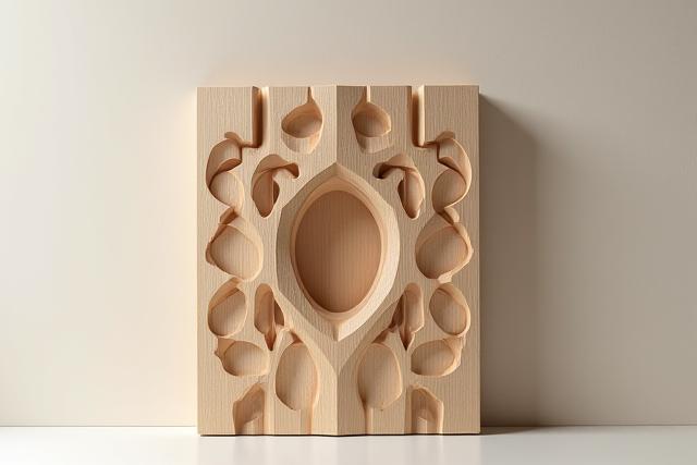 Abstract modern wood carving with clean geometric patterns and a sculptural, three-dimensional form.