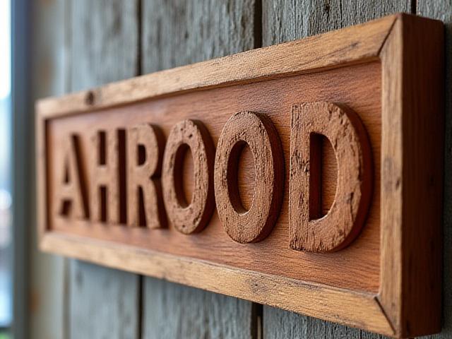 Custom hand-carved wooden sign with deep relief lettering, featuring a nature theme.